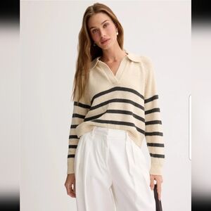 Marine Layer Claire Brown Stripe Linen Polo Sweater Size S